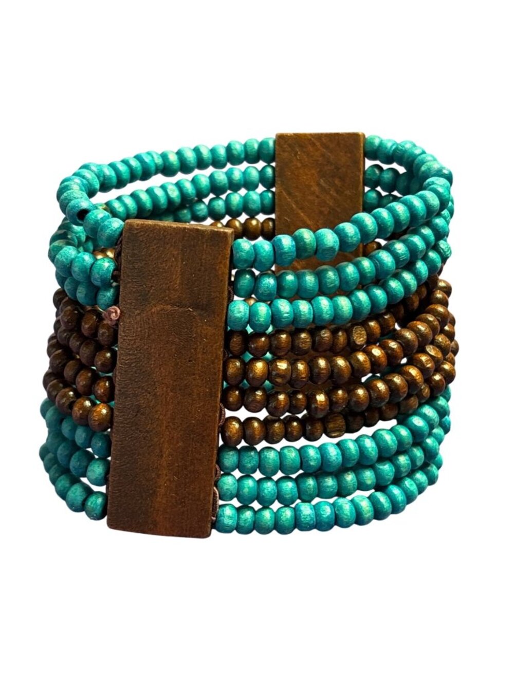 Brown and Teal Wooden Beaded Stretchy Bracelet Boho